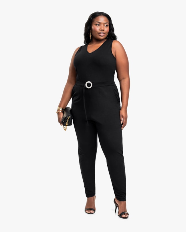 Macacão Longo Feminino Plus Size em Crepe - Cereja Rosa - Preto-daaa01de-0c3c-4c78-95d3-7da7f229014a