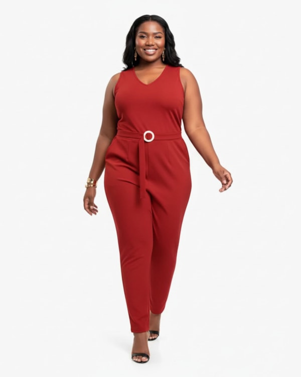 Macacão Longo Feminino Plus Size em Crepe - Cereja Rosa - Sienna