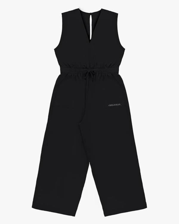 Macacão Longo Plus Size em Meia Malha - Cereja Rosa - Preto