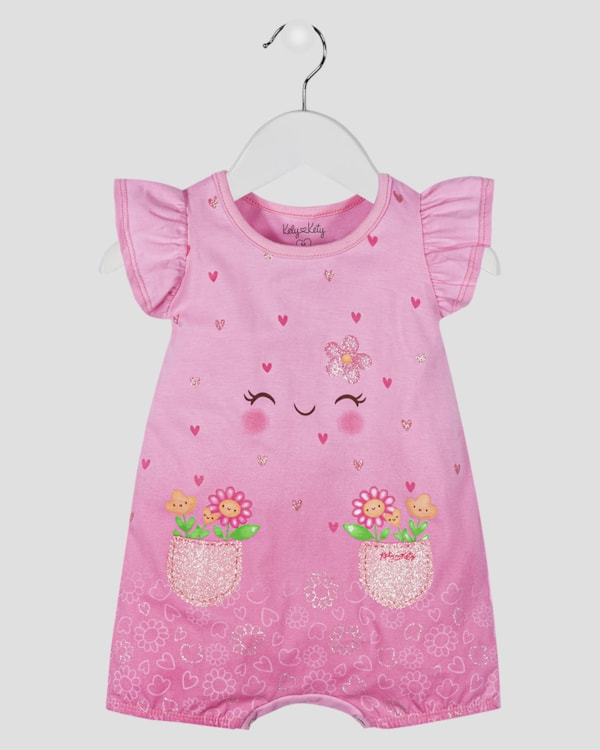 Macaquinho Bebê Menina com Estampa e Babado Kely Kety Rosa