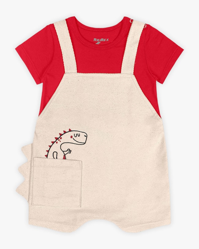 Macaquinho Bebê Menino com Bolso e Bordado Dino - ReiRex - Off White-789a9423-1624-4428-92ae-a6e1a6040bcd