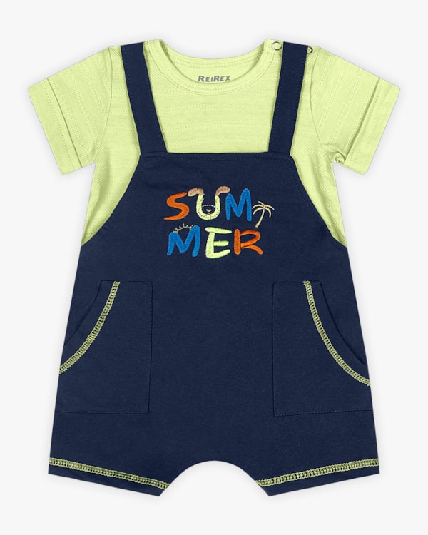 Macaquinho Bebê Menino com Bordado e Bolsos - ReiRex - Oxford