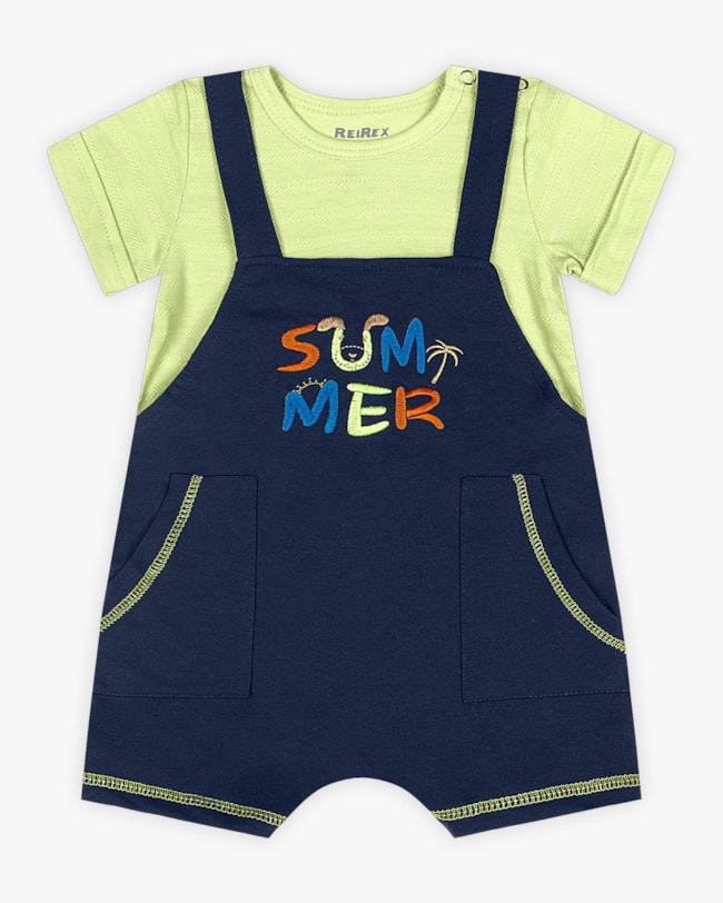 Macaquinho Bebê Menino com Bordado e Bolsos - ReiRex - Oxford-d0685193-f85b-49d8-9a1a-3af05d477482