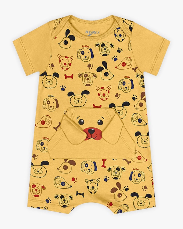 Macaquinho Bebê Menino Estampa Cachorrinho - ReiRex - Mostarda