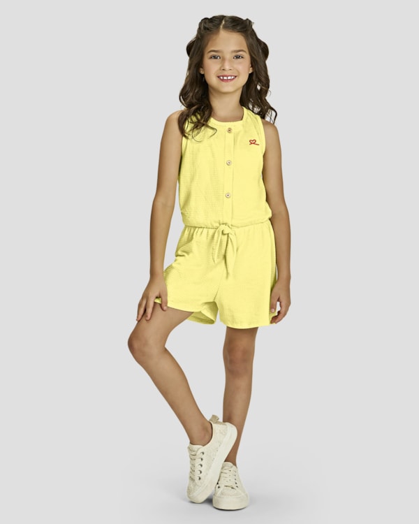 Macaquinho Infantil Menina com Botões e Amarração - Kely Kety - Amarelo