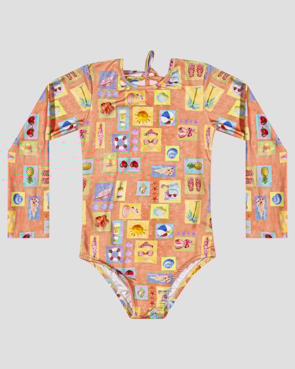 Maiô Infantil Manga Longa Estampado UV 50+ Kely Kety Laranja