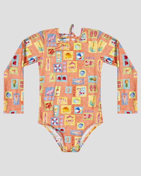Maiô Infantil Manga Longa Estampado UV 50+ Kely Kety Laranja