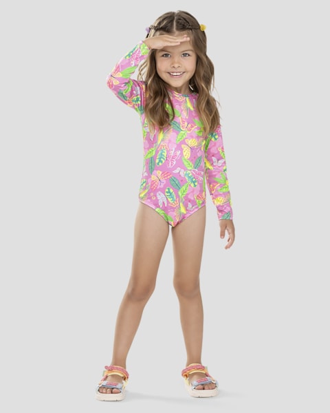 Maiô Infantil Manga Longa Estampado UV 50+ Kely Kety Rosa
