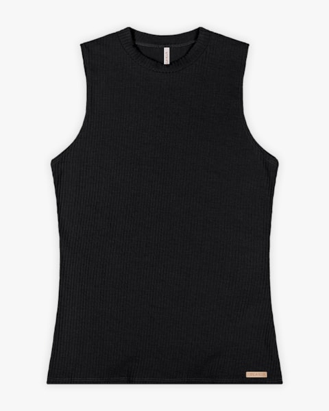 Regata Básica Feminina Canelada com Gola Alta - Cereja Rosa - Preto