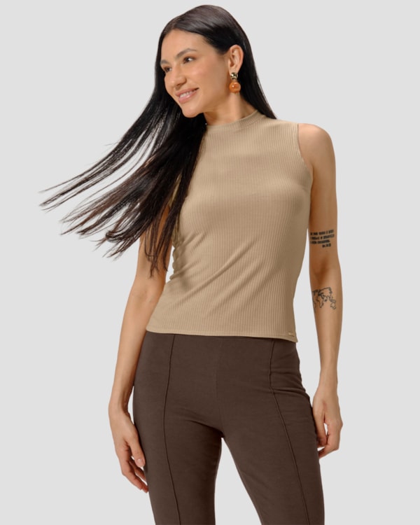 Regata Básica Feminina Canelada Gola Alta - Cereja Rosa - Bege