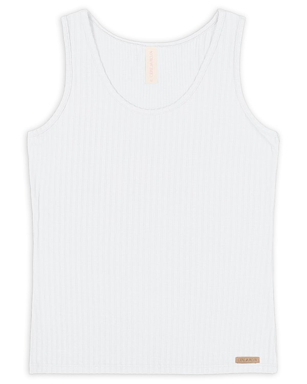 Regata Básica Feminina em Ribana Canelada - Cereja Rosa - Branco