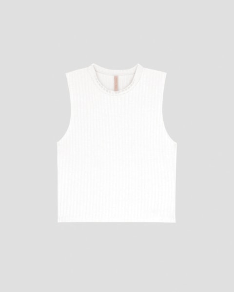 Regata Cropped Feminina Cereja Rosa em Viscose Canelada Branco