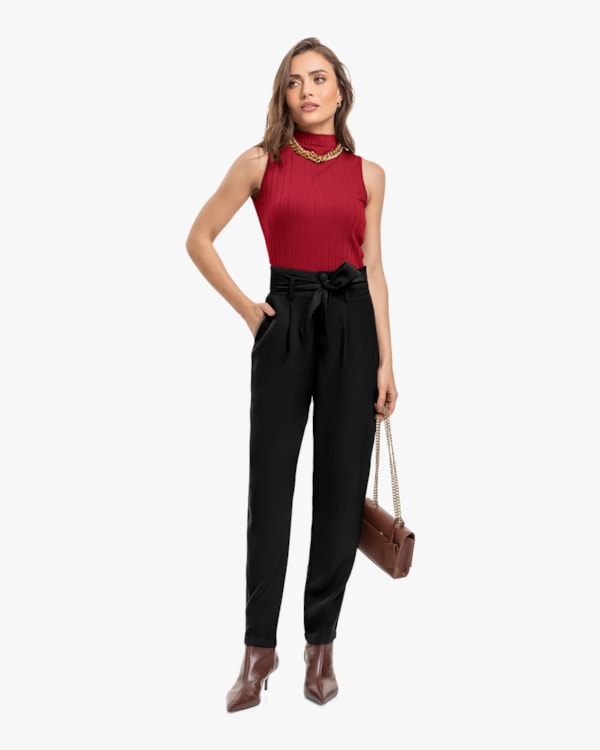 Regata Feminina Canelada com Gola Alta - Cereja Rosa - Cherry Red