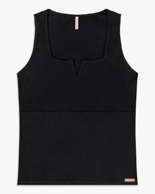 Regata Feminina Plus Size Canelada com Decote V - Cereja Rosa - Preto