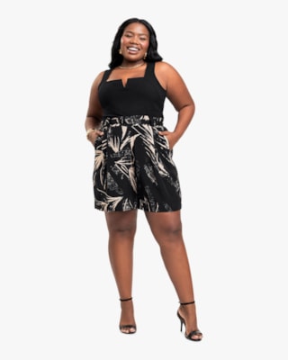 Regata Feminina Plus Size Canelada com Decote V - Cereja Rosa - Preto