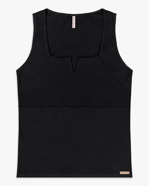 Regata Feminina Plus Size Canelada com Decote V - Cereja Rosa - Preto