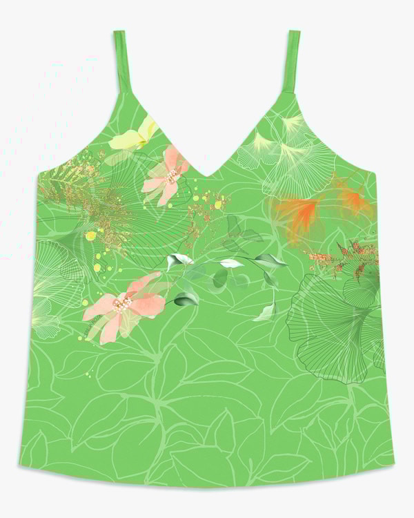 Regata Feminina Plus Size com Decote V Estampada - Cereja Rosa - Pistache