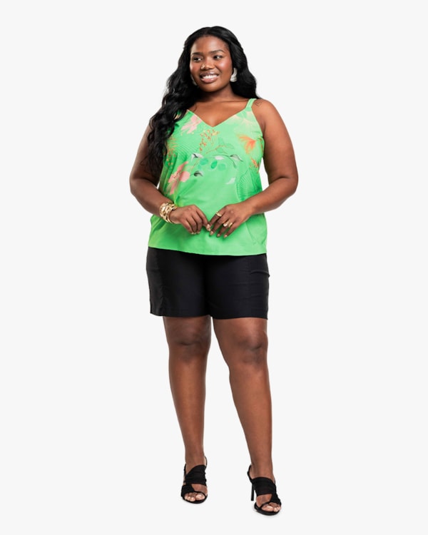 Regata Feminina Plus Size com Decote V Estampada - Cereja Rosa - Pistache