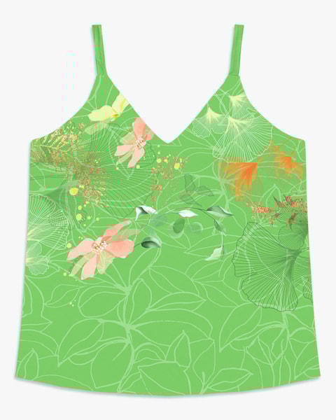 Regata Feminina Plus Size com Decote V Estampada - Cereja Rosa - Pistache