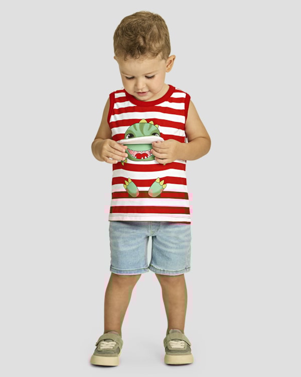 Regata Infantil Menino com Estampa Dinossauro Interativa - ReiRex - Tomato
