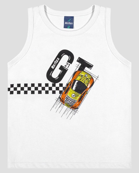 Regata Infantil Menino em Malha Estampa Carro ReiRex Branco