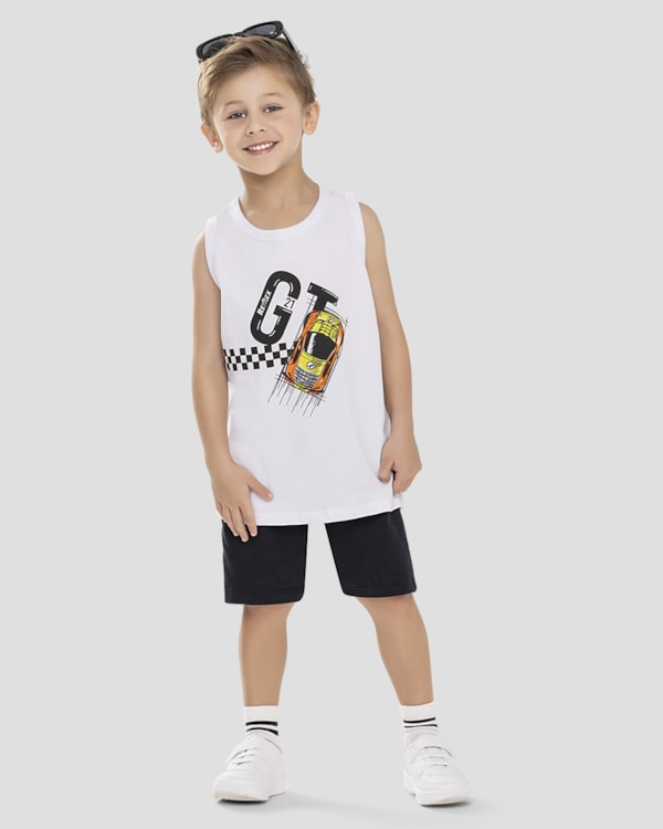 Regata Infantil Menino em Malha Estampa Carro ReiRex Branco