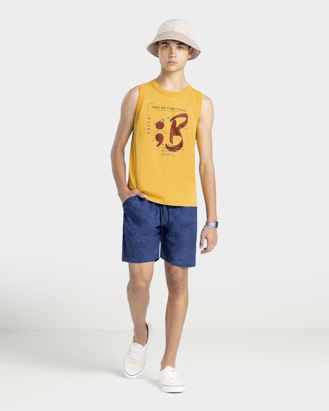 Regata Juvenil Masculina com Estampa em Meia Malha - BaseD - Mostarda-541eb349-925d-42c6-aa52-8ea6d472759d