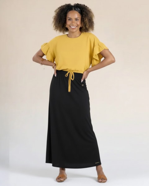 Saia Longa em Meia Malha- Cereja Rosa - Preto