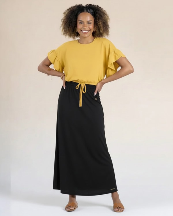 Saia Longa em Meia Malha- Cereja Rosa - Preto