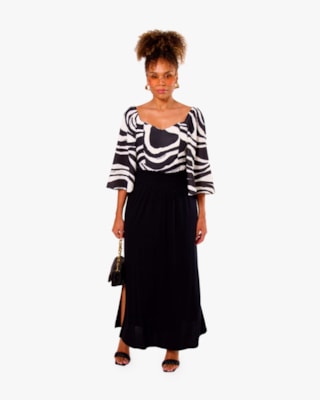 Saia Longa em Tricot Viscose com Fenda - Cereja Rosa - Preto-G