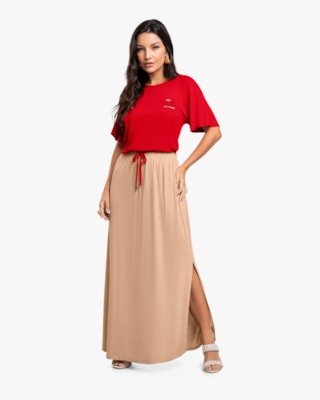 Saia Longa em Tricot Viscose com Fenda - Cereja Rosa - Toffee-G