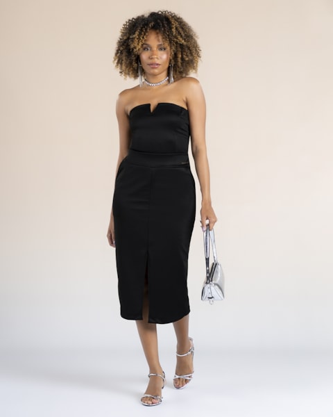 Saia Midi com Fenda em Compact Montaria - Cereja Rosa - Preto