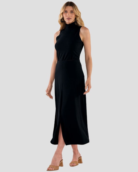 Saia Midi em Malha Crepe com Fenda Frontal - Cereja Rosa - Preto