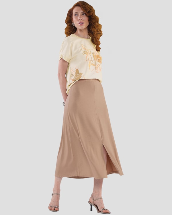 Saia Midi em Malha Crepe com Fenda Frontal - Cereja Rosa - Toffee