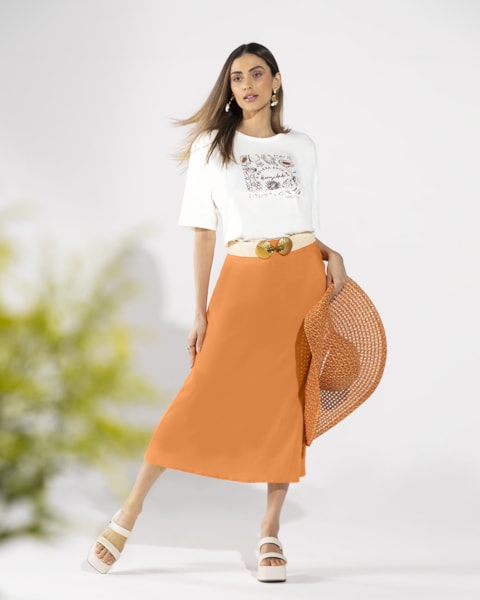 Saia Midi em Tecido Viscose - Cereja Rosa - Orange