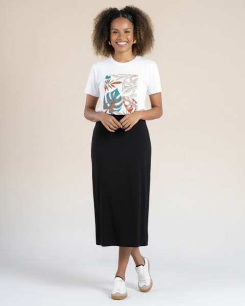 Saia Midi em Tecido Viscose - Cereja Rosa - Preto