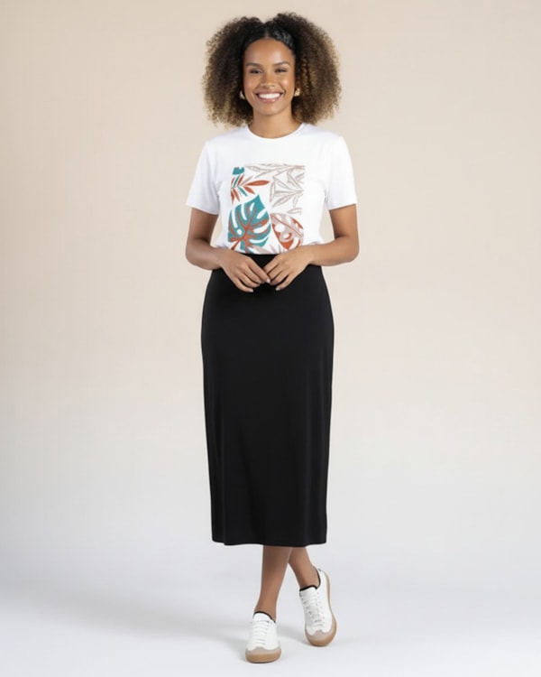 Saia Midi em Tecido Viscose - Cereja Rosa - Preto