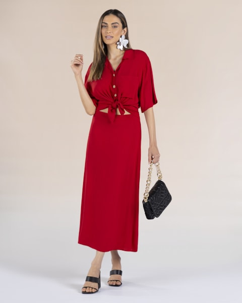 Saia Midi em Tecido Viscose - Cereja Rosa - Vermelho
