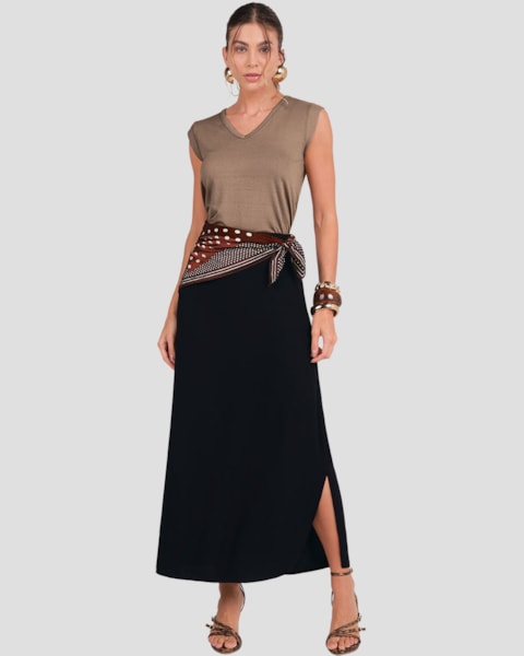 Saia Midi em Viscose com Fenda Lateral Cereja Rosa Preto