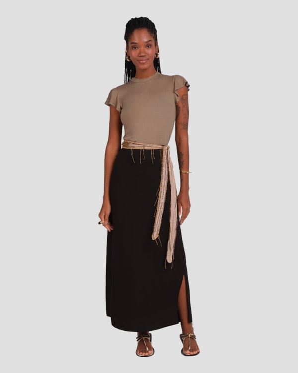 Saia Midi em Viscose com Fenda Lateral Cereja Rosa Preto