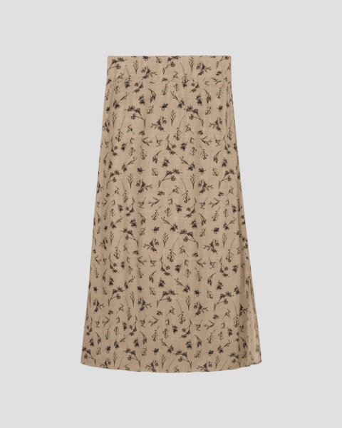 Saia Midi em Viscose Estampada com Abertura Cereja Rosa Bege