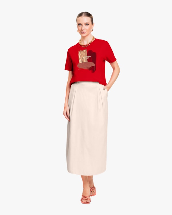 Saia Midi em Viscose Linho com Pregas - Cereja Rosa - Areia-G
