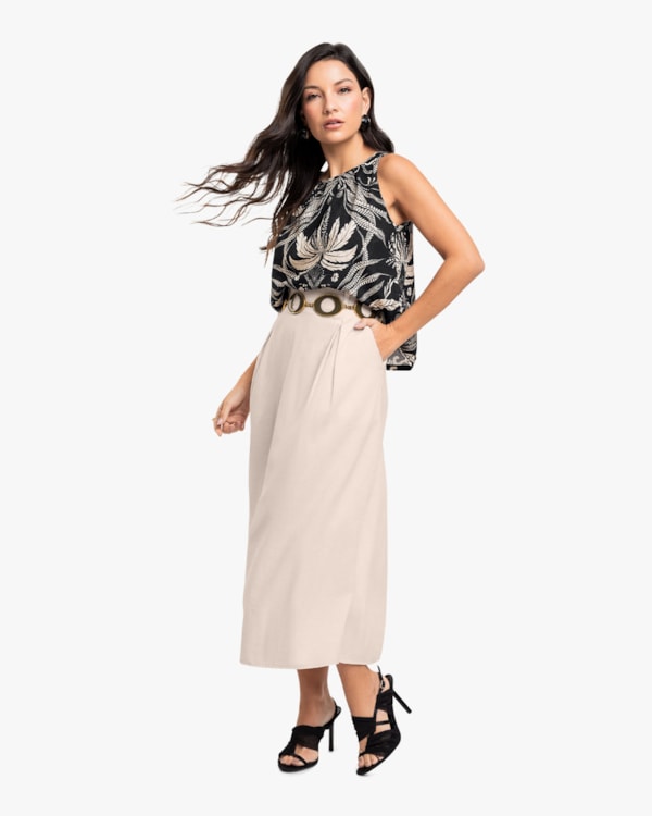 Saia Midi em Viscose Linho com Pregas - Cereja Rosa - Areia-G