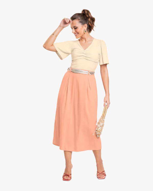 Saia Midi em Viscose Linho com Pregas - Cereja Rosa - Pêssego