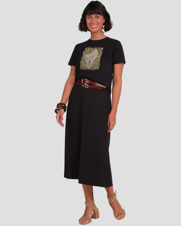 Saia Midi Feminina em Viscose Linho Cereja Rosa Preto