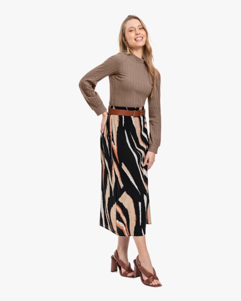 Saia Midi Feminina Estampada em Tecido Plano - Cereja Rosa - Preto