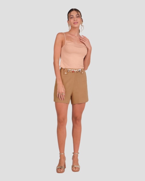 Shorts Feminino em Viscose com Bolsos Cereja Rosa Bege