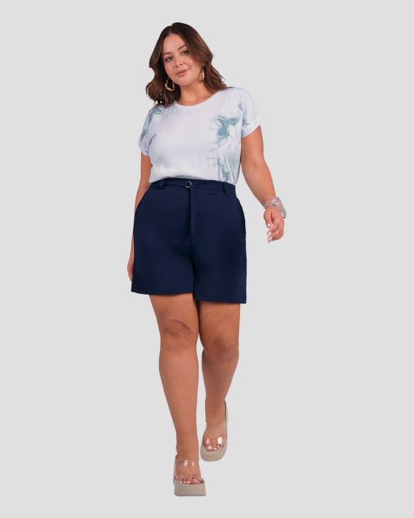 Shorts Feminino Plus Size em Viscose com Cinto Cereja Rosa Azul