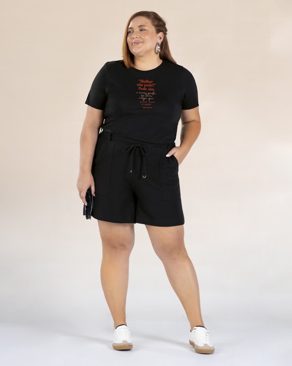 Shorts Plus Size em Moletinho com Cordão - Cereja Rosa - Preto P