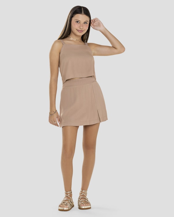 Shorts Saia Juvenil em Tecido Viscose com Fenda BaseD Marrom